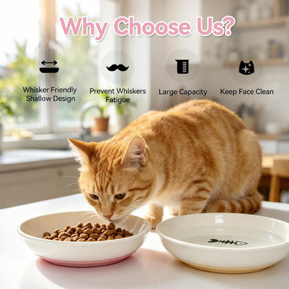 4 PCS Ceramic Cat Bowls with Silicone Base, Shallow Wide Cat Plates