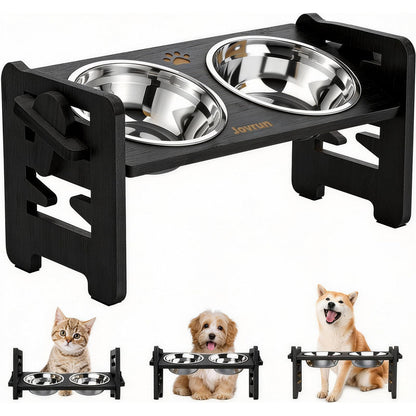 Jovrun Elevated Dog Bowls, Adjustable Raised Dog Bowl Stand for Small Size Dogs and Cats, 15°Tilted Elevated Cat Bowls, Durable Bamboo Dogs Feeder with 2 Stainless Steel Bowls and Non-Slip Feet