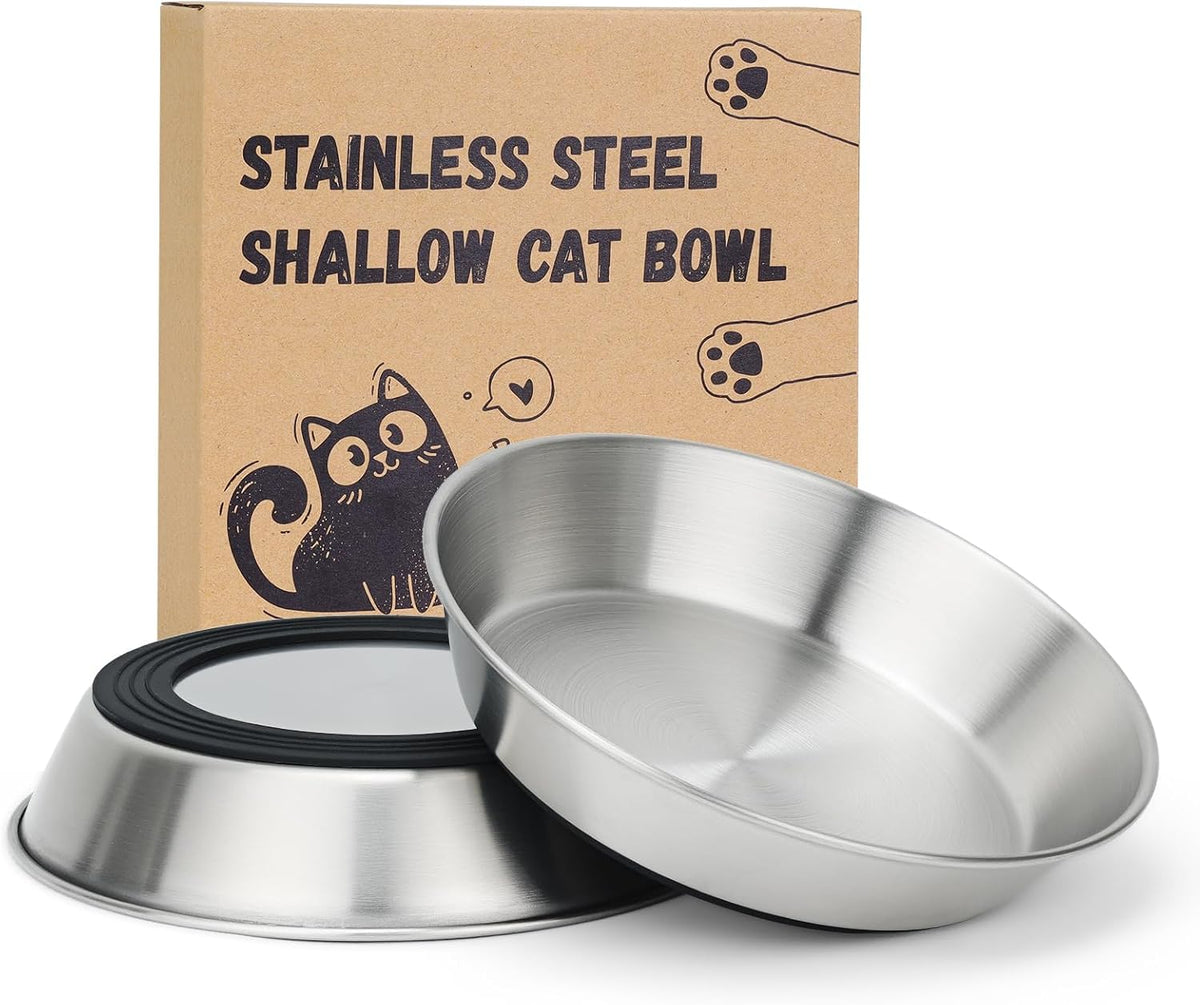 2-Pack 304 Stainless Steel Cat Food Bowls, Non-Slip Basic Dishes