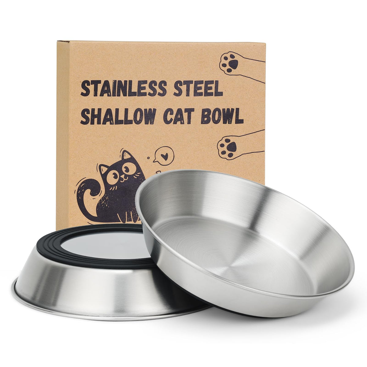 2-Pack 304 Stainless Steel Cat Food Bowls, Non-Slip Basic Dishes