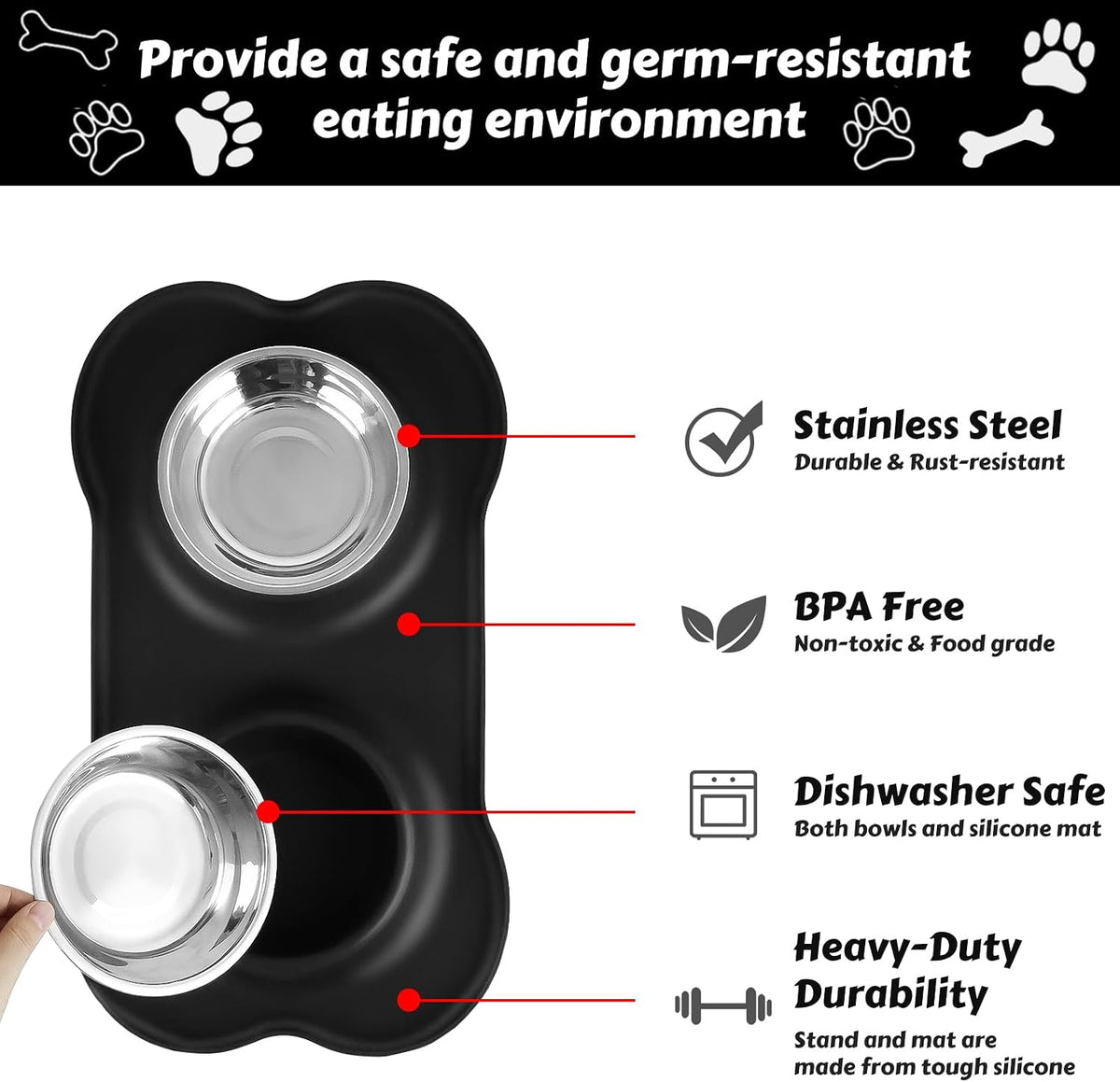AsFrost Dog Food Bowls Stainless Steel & Water Dish with No-Spill and Non-Skid, Feeder Bowls with Dog Food Dish for Small Medium Large Size,Dogs,Cats,Puppy Pets, Black, 12oz