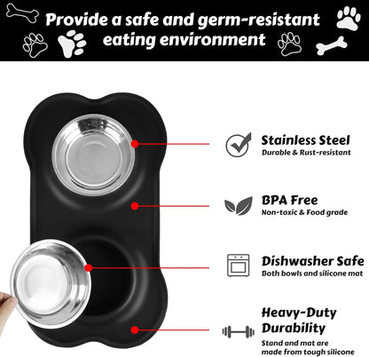 AsFrost Dog Food Bowls Stainless Steel & Water Dish with No-Spill and Non-Skid, Feeder Bowls with Dog Food Dish for Small Medium Large Size,Dogs,Cats,Puppy Pets, Black, 12oz