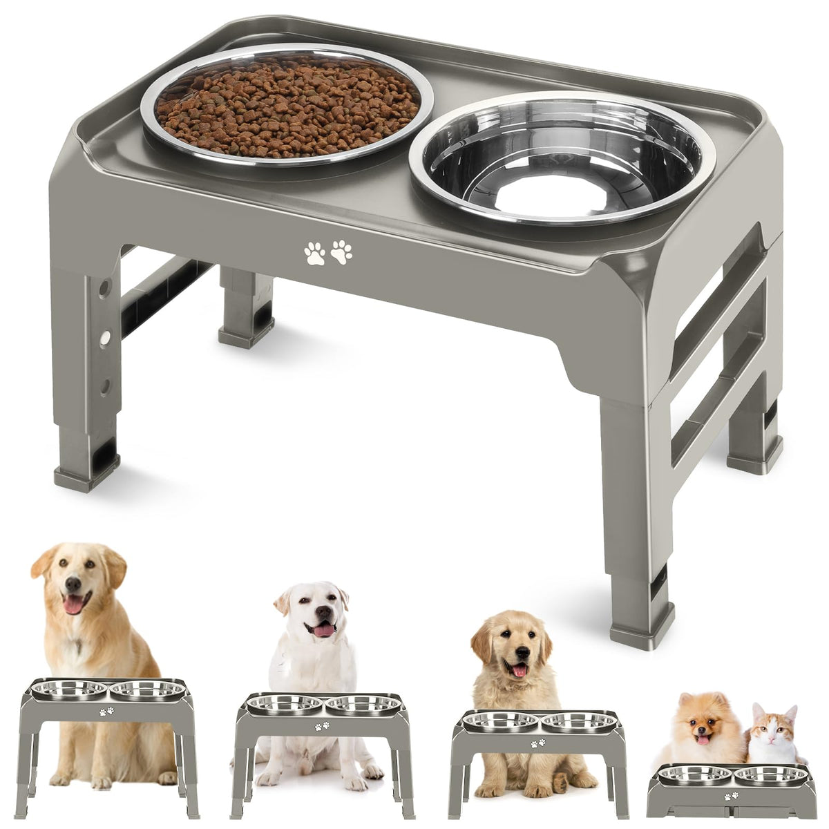 COMESOON Elevated Dog Bowls, 4 Height Adjustable Raised Bowl Stand with 2 Thick 50oz Stainless Steel Food Bowls Non-Slip Feeder Adjusts to 3.7'', 9.2'', 10.75'', 12.36'' Black, (DB-W01)