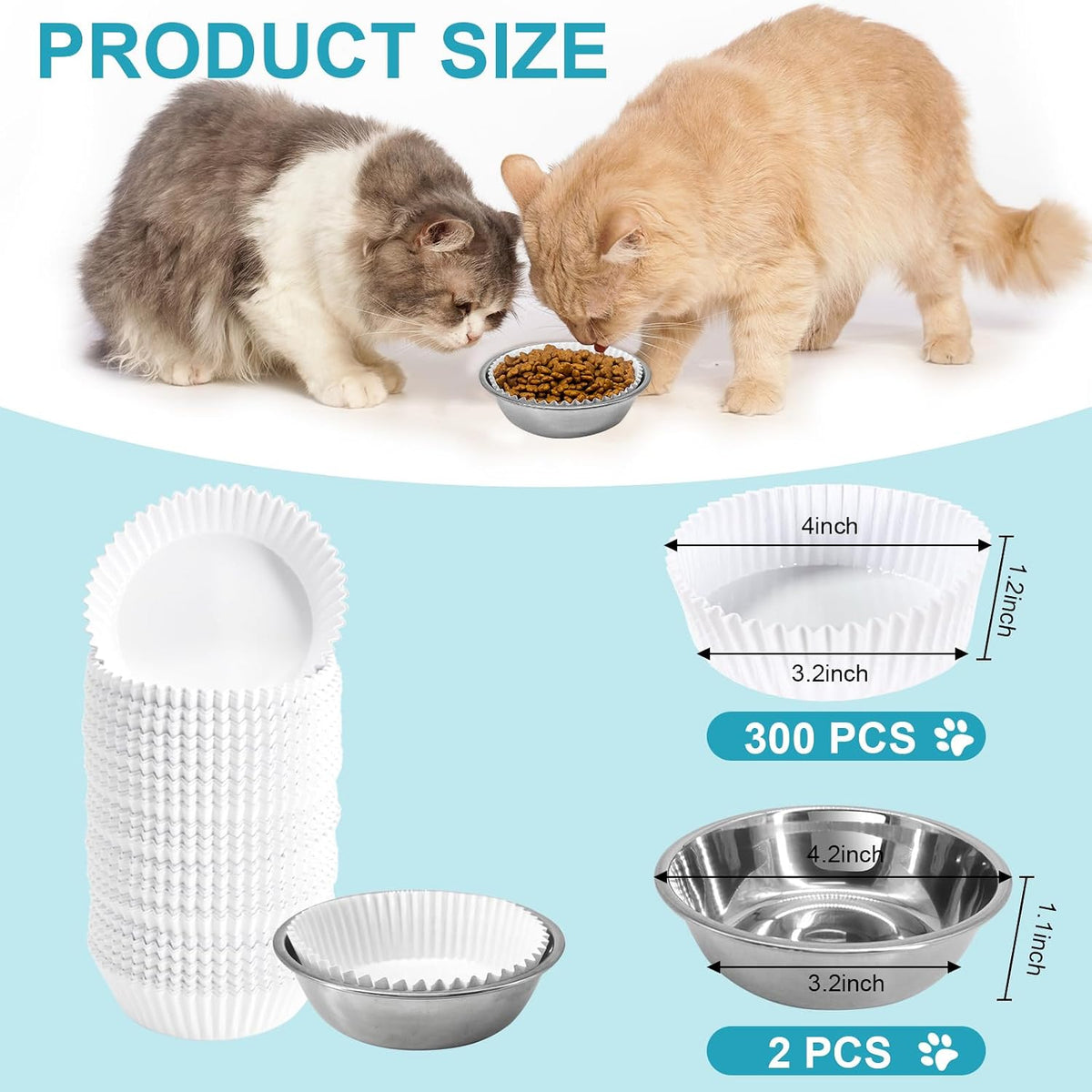 302 Pcs Disposable Cat Food Bowls Set with Pet Feeding Stainless Steel Dish
