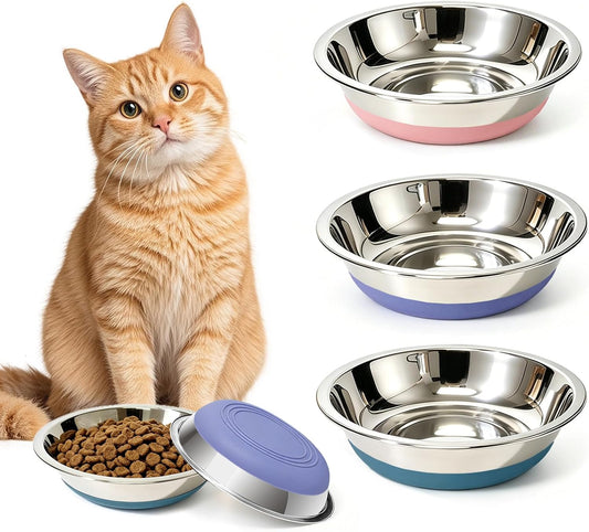 3 Pack Stainless Steel Cat Bowls, Cat Dishes Whisker Friendly with Non-Slip Silicone Bottom, Easy to Clean, 5.5" Shallow Wide Cat Food and Water Feeding Bowl for Indoor Outdoor Cats