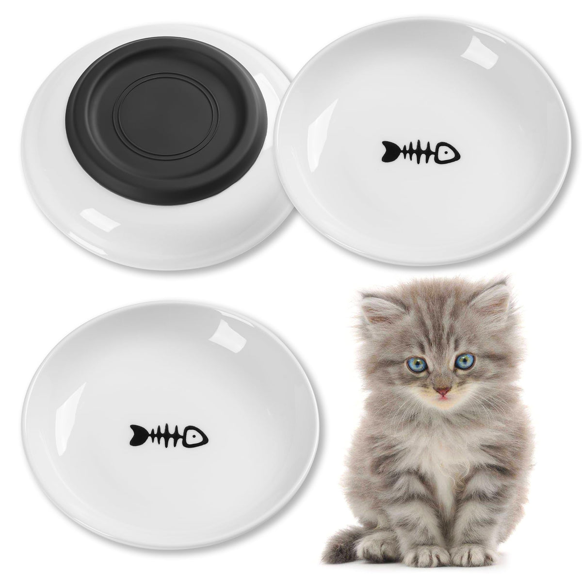 Cat Food Bowl, Whisker Friendly Ceramic Cat Bowls with Nonslip Silicone Bottom, Pack of 3 Quiet Dishes and Plates for Feeding Indoor Cats, Kittens and Small Dogs(Fishbone,Shallower)