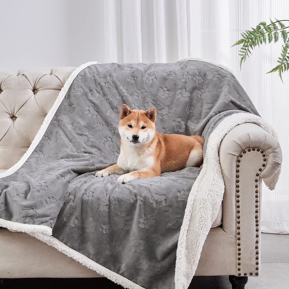 Qeils Dog & Cat Blankets - Waterproof Washable - Sherpa, Plus Plush Reversible, 25"X30", Grey Paw Print
