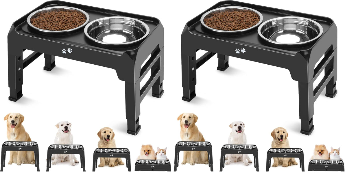 COMESOON Elevated Dog Bowls, 4 Height Adjustable Raised Bowl Stand with 2 Thick 50oz Stainless Steel Food Bowls Non-Slip Feeder Adjusts to 3.7'', 9.2'', 10.75'', 12.36'' Black, (DB-W01)