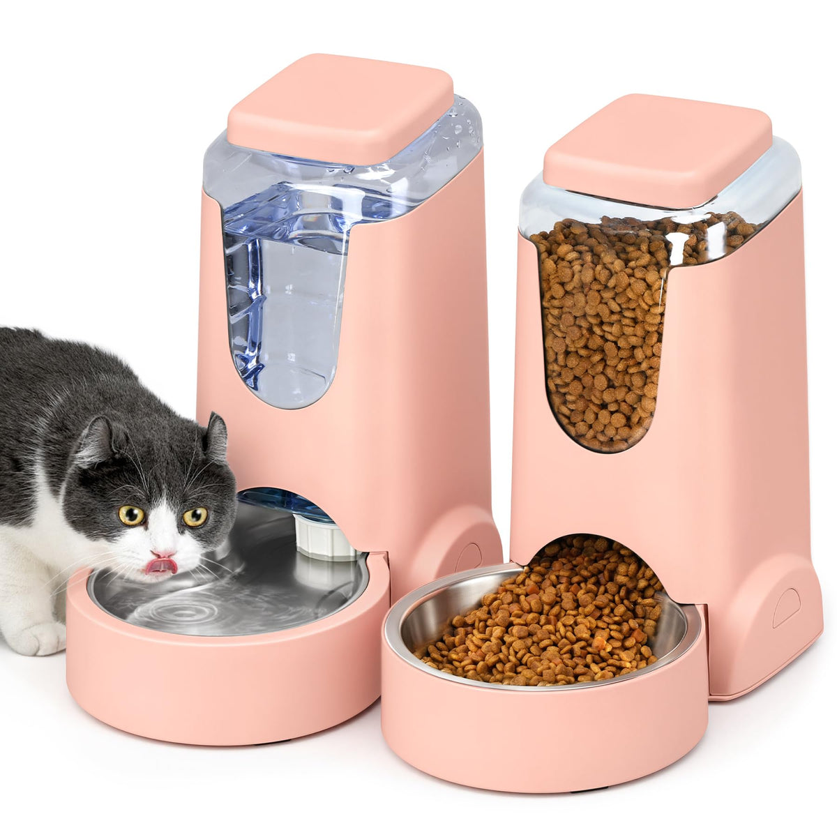 2 Pack Automatic Cat Feeder and Gravity Stainless Steel Water Dispenser, Dog Food Feeder and Waterer Set for Small Medium Puppy Kitten Pets (1 Gallon x 2, Gray)