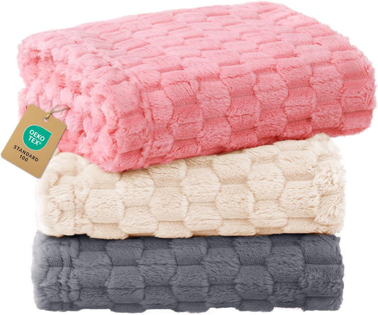 Luciphia 300GSM Fleece Dog Blanket Washable Soft Pcs3-Grey/White/Pink, S