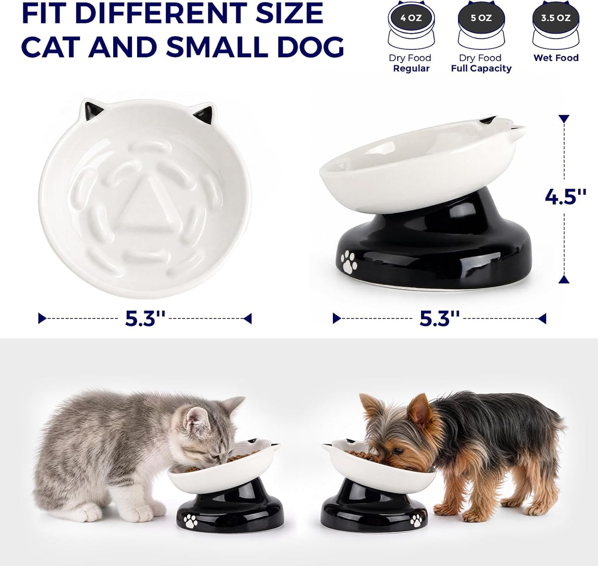 Y YHY Ceramic Cat Slow Feeder, Elevated Dog Food Bowl Tilted Design, Slow Feeder Bowl no Black Chin, Cat Shape for Dry and Wet Food