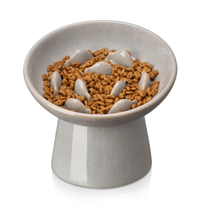vancasso Ceramic Slow Feeder Cat Bowl, 6.25 Inch Elevated Cat Slow Feeder Bowl, Anti Vomiting for Dry and Wet Food, White