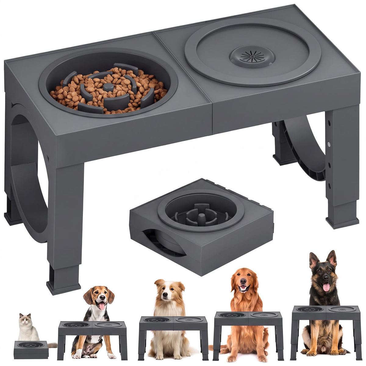 XIAZ Elevated Dog Bowls Large Breed Raised Dogs Bowl Stand Large/Medium Sized Dog Slow Feeder Dogs Bowls Food Water Stands 5 Heights Adjustable 9/11/12/14in Pet Feeder Dish Station
