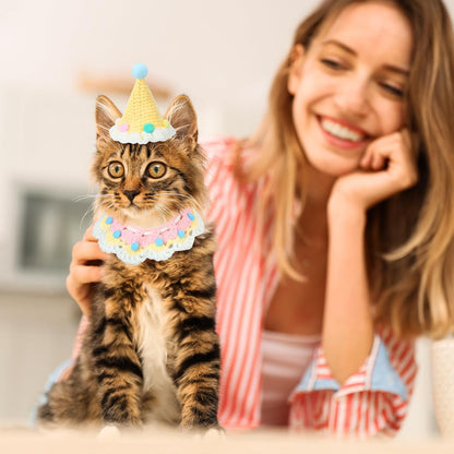 2 Pcs Cat Birthday Outfit, Birthday Hat, Knit Bib for Dog,Pet, Cream Yellow