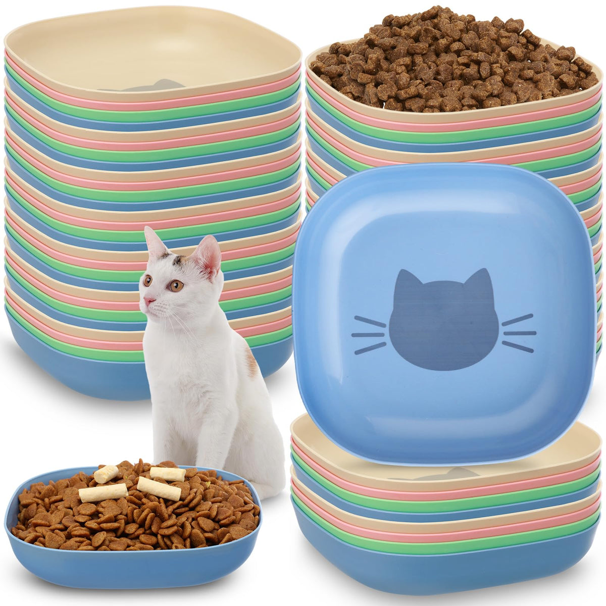 Tioncy 24 Pcs Cat Food Bowls Shallow, Blue, Green, Pink, Beige, Classic