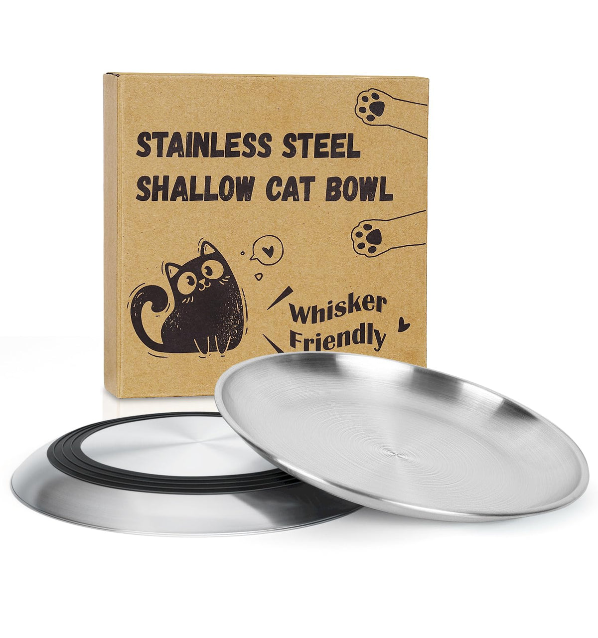 Supet Cat Plates Whisker Friendly, Non Slip Dish for Wet Food, Shallow Wide Flat Bowls Stainless Steel Metal for Indoor Cats, Kitten, Small Dog (13Oz, 4Pcs)