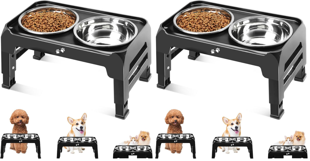 COMESOON Elevated Dog Bowls, 4 Height Adjustable Raised Bowl Stand with 2 Thick 50oz Stainless Steel Food Bowls Non-Slip Feeder Adjusts to 3.7'', 9.2'', 10.75'', 12.36'' Black, (DB-W01)