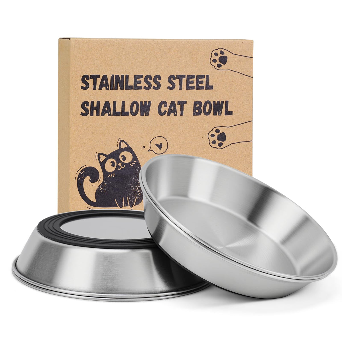 2-Pack 304 Stainless Steel Cat Food Bowls, Non-Slip Basic Dishes