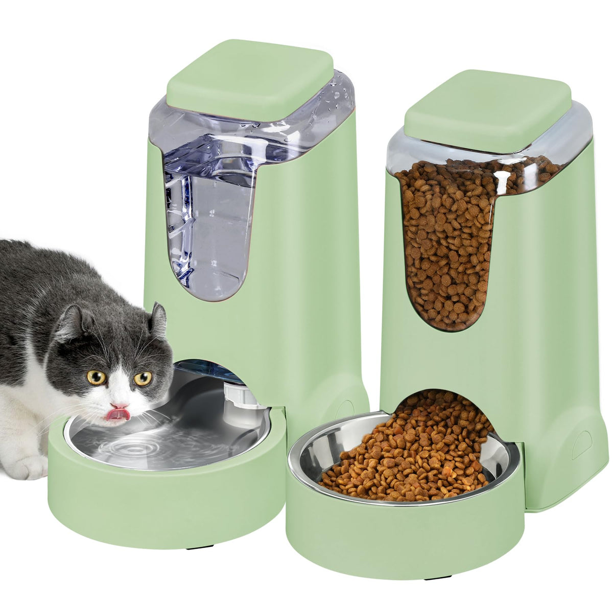 2 Pack Automatic Cat Feeder and Gravity Stainless Steel Water Dispenser, Dog Food Feeder and Waterer Set for Small Medium Puppy Kitten Pets (1 Gallon x 2, Gray)
