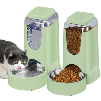2 Pack Automatic Cat Feeder and Gravity Stainless Steel Water Dispenser, Dog Food Feeder and Waterer Set for Small Medium Puppy Kitten Pets (1 Gallon x 2, Gray)