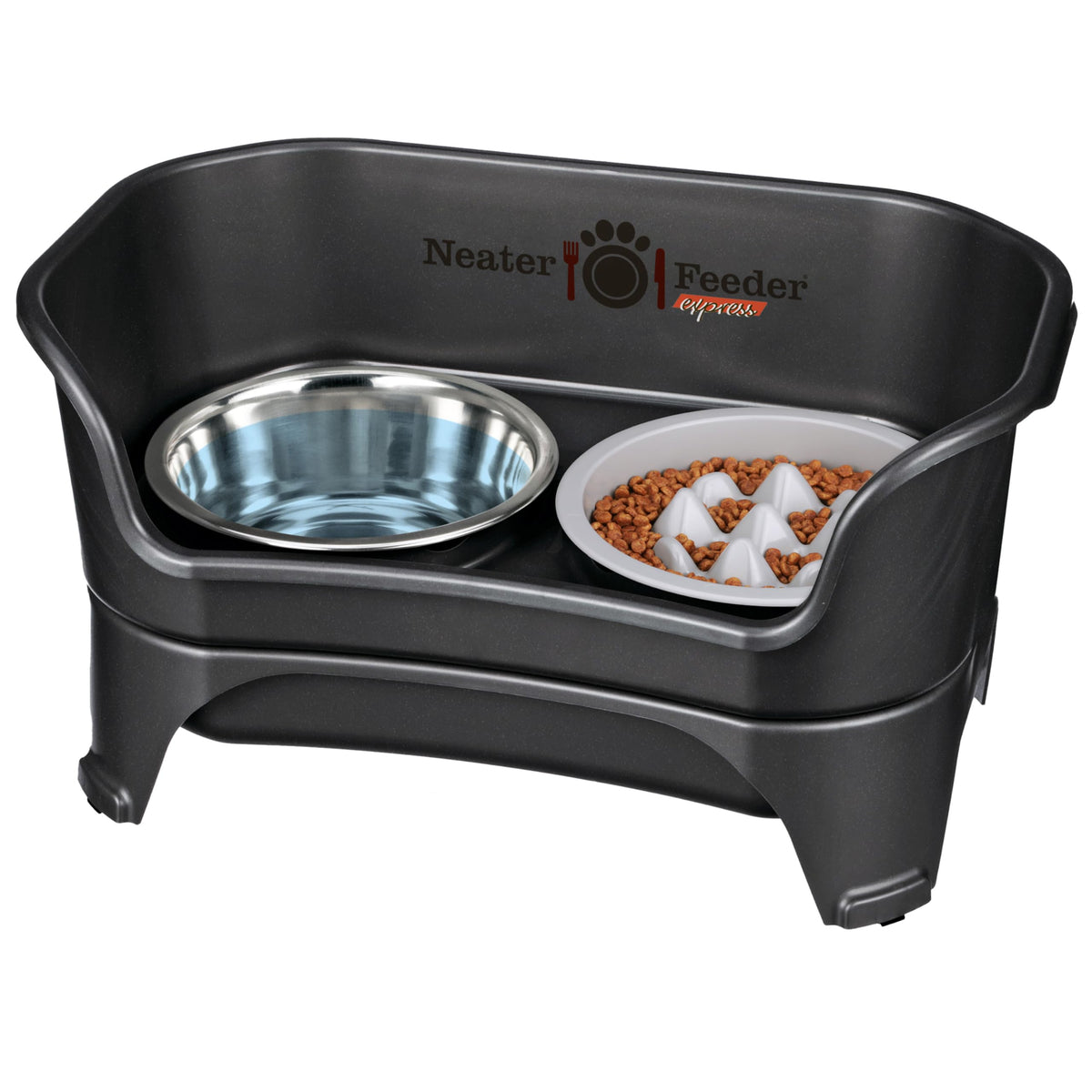 Neater Feeder Express Mess Proof Cat Bowls Elevated, No Spill Feeding Station, Stainless Steel Dishes for Food and Water, Raised Bowls for Indoor Cats, No Fatigue Whisker Friendly Dish, Grey
