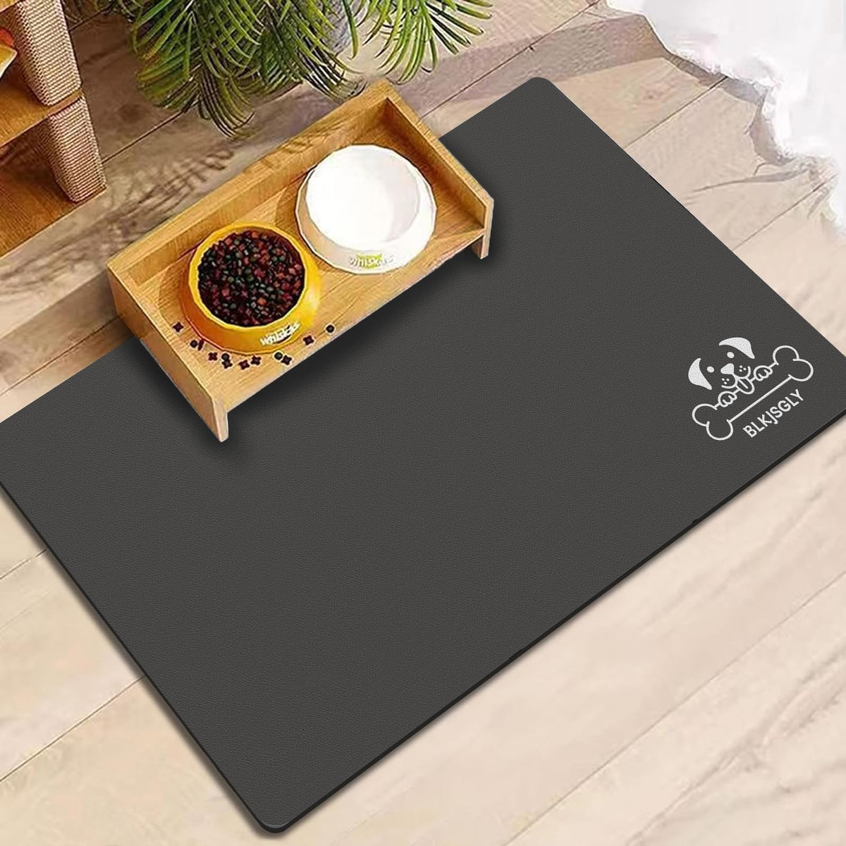 18"×30" Dog Food Mat-Absorbent Dog Mat for Food and Water, No Stains Quick Dry Cat Food Bowl Mat with Footprints for Messy Drinkers,Dark Grey