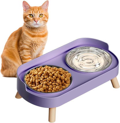 Elevated Cat Bowl, Raised Cat Food and Water Bowl Set for Indoor Cats, Splash Proof with 2 Stainless Steel Pet Food Bowls for Cats and Puppies, Whisker Fatigue and Dishwasher Safe - Purple