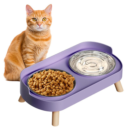 Elevated Cat Bowl, Raised Cat Food and Water Bowl Set for Indoor Cats, Splash Proof with 2 Stainless Steel Pet Food Bowls for Cats and Puppies, Whisker Fatigue and Dishwasher Safe - Purple