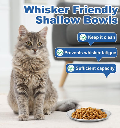 Supet Cat Plates Whisker Friendly, Non Slip Dish for Wet Food, Shallow Wide Flat Bowls Stainless Steel Metal for Indoor Cats, Kitten, Small Dog (13Oz, 4Pcs)