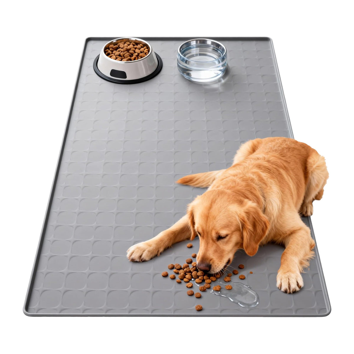 Extra Large 34x22 Inch Machine Washable Silicone Pet Food Mat - Waterproof Dog & Cat Bowl Mat with Raised Edge, Non-Slip Floor Protector for Large Dogs, Multi-Pet Homes (Grey)