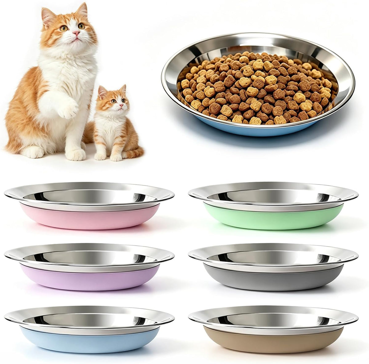 6 Pack Stainless Steel Cat Bowls, Cat Dishes Shallow Whisker Friendly