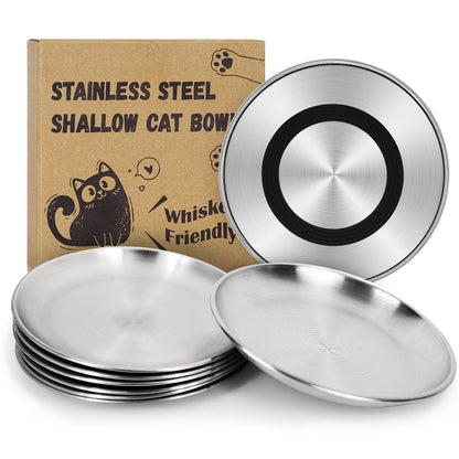 Supet Cat Plates Whisker Friendly, Non Slip Dish for Wet Food, Shallow Wide Flat Bowls Stainless Steel Metal for Indoor Cats, Kitten, Small Dog (13Oz, 4Pcs)
