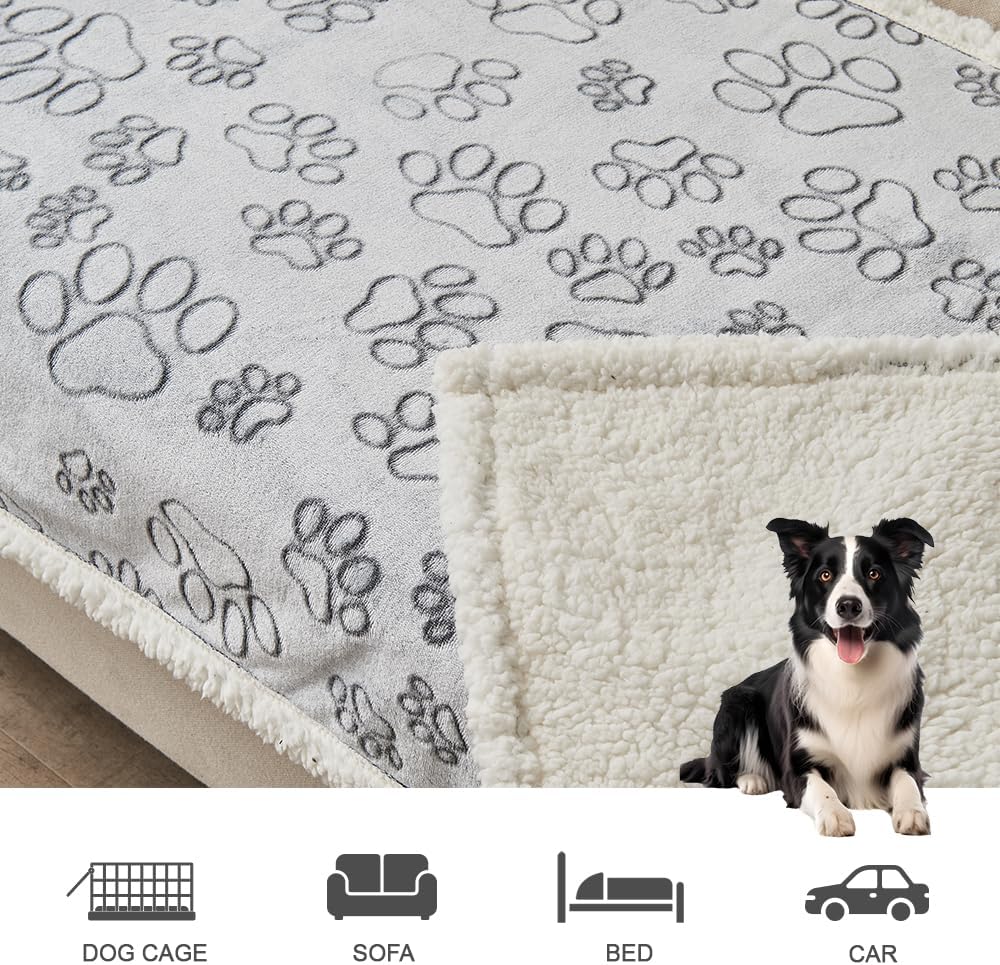 Qeils Dog & Cat Blankets - Waterproof Washable - Sherpa, Plus Plush Reversible, 25"X30", Grey Paw Print