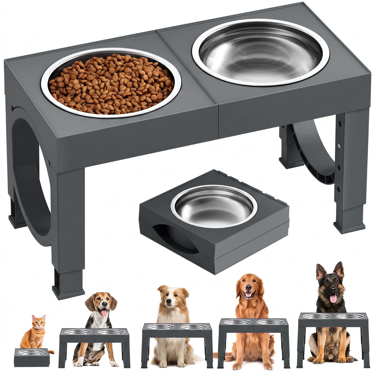 XIAZ Elevated Dog Bowls Large Breed Raised Dogs Bowl Stand Large/Medium Sized Dog Slow Feeder Dogs Bowls Food Water Stands 5 Heights Adjustable 9/11/12/14in Pet Feeder Dish Station