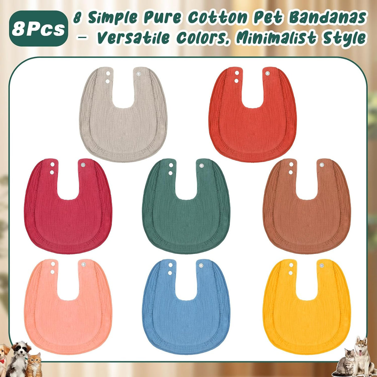 Shinylin 8 Pcs Muslin Cotton Square Bandanas Reversible Pet Bibs Scarf Pet Scarves with Two Snaps Apparel Accessories Kerchief for Small to Medium Puppy Cat(Classic Color)