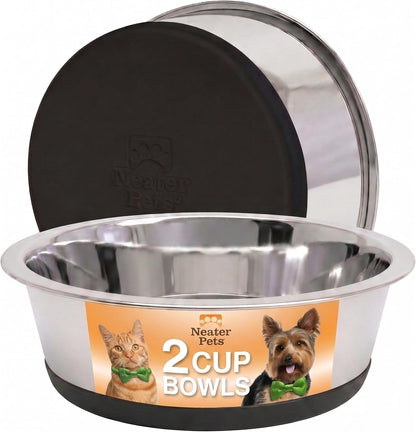 Neater Pet Brands Stainless Steel Dog Bowls with Non-Slip Rubber Bottom – 2 Cup (16 oz), Black - Set of 2 Heavy Duty Metal Dog Bowls, Dishwasher Safe, Food or Water Bowl, Ideal for Small Dogs & Cats
