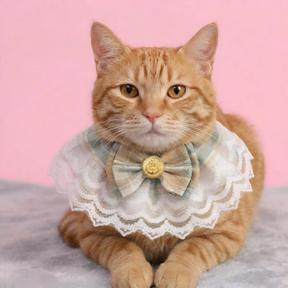 Handmade Cat Bandana with Bowtie - Khaki Plaid Boho Pet Collar Scarf for Birthday, Party, Photoshoot - Adjustable Bib Outfit for Small Dogs, Puppies, Cats, Kittens, and Rabbits