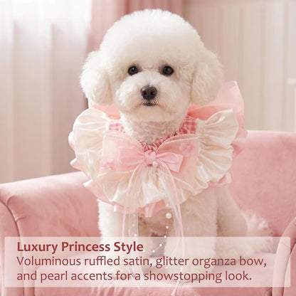 Sweet Lace & Satin Pet Bib, Princess Style Heavy-Duty Bandana with Bow & Floral Accents, Cute Collar for Cats & Small Dogs (Pink&White)