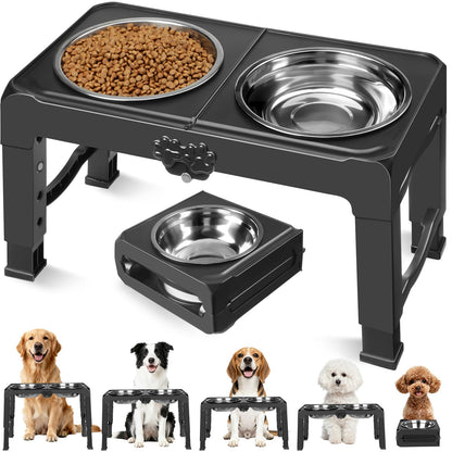 COMESOON Elevated Dog Bowls, 4 Height Adjustable Raised Bowl Stand with 2 Thick 50oz Stainless Steel Food Bowls Non-Slip Feeder Adjusts to 3.7'', 9.2'', 10.75'', 12.36'' Black, (DB-W01)