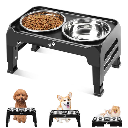 COMESOON Elevated Dog Bowls, 4 Height Adjustable Raised Bowl Stand with 2 Thick 50oz Stainless Steel Food Bowls Non-Slip Feeder Adjusts to 3.7'', 9.2'', 10.75'', 12.36'' Black, (DB-W01)