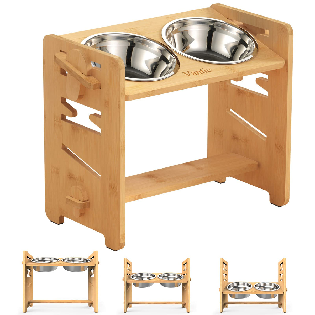 Vantic Elevated Dog Bowls, Raised Dog Bowl Stand Adjustable Small, Natural