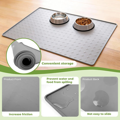 Extra Large 34x22 Inch Machine Washable Silicone Pet Food Mat - Waterproof Dog & Cat Bowl Mat with Raised Edge, Non-Slip Floor Protector for Large Dogs, Multi-Pet Homes (Grey)