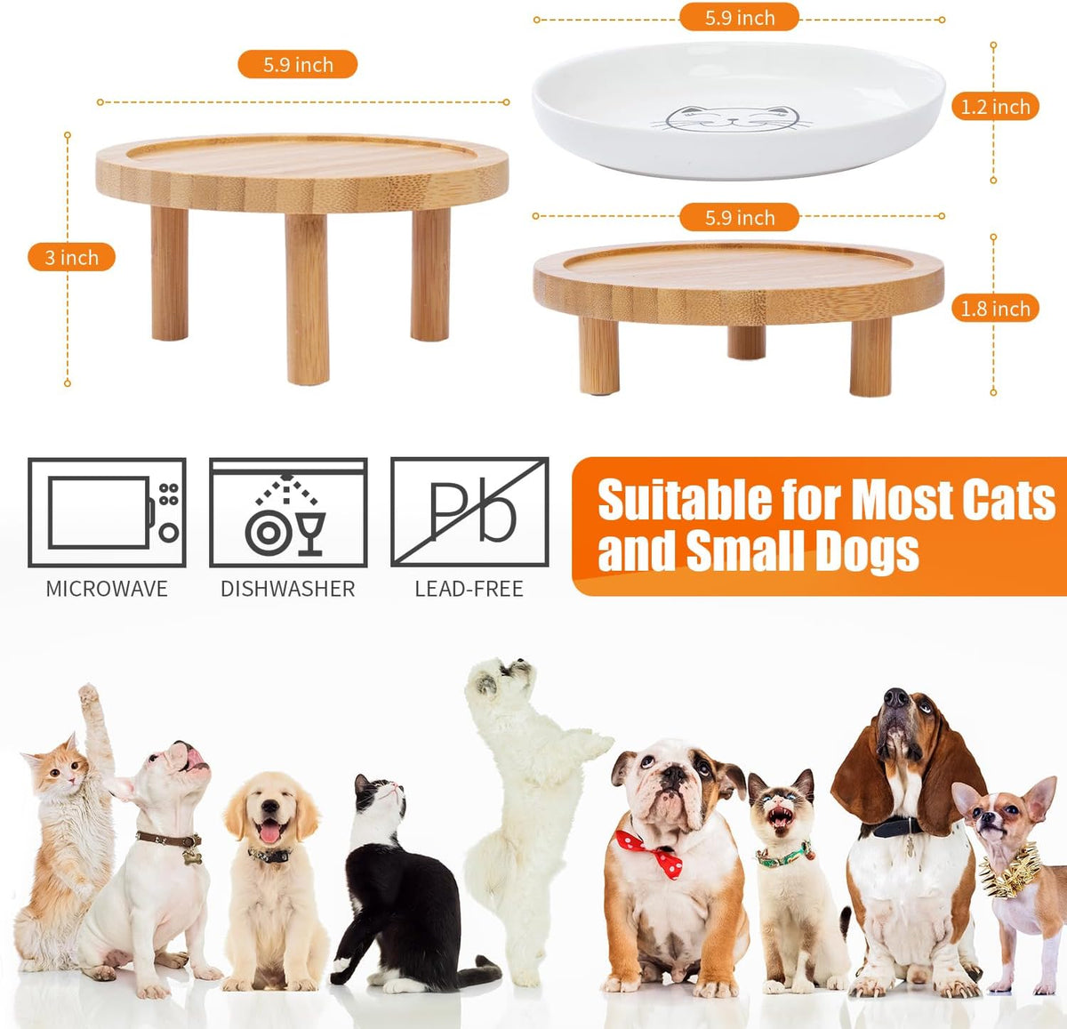 Lusifaco Shallow Wide Elevated Cat Bowls Whisker Fatigue (White, Set of 2)