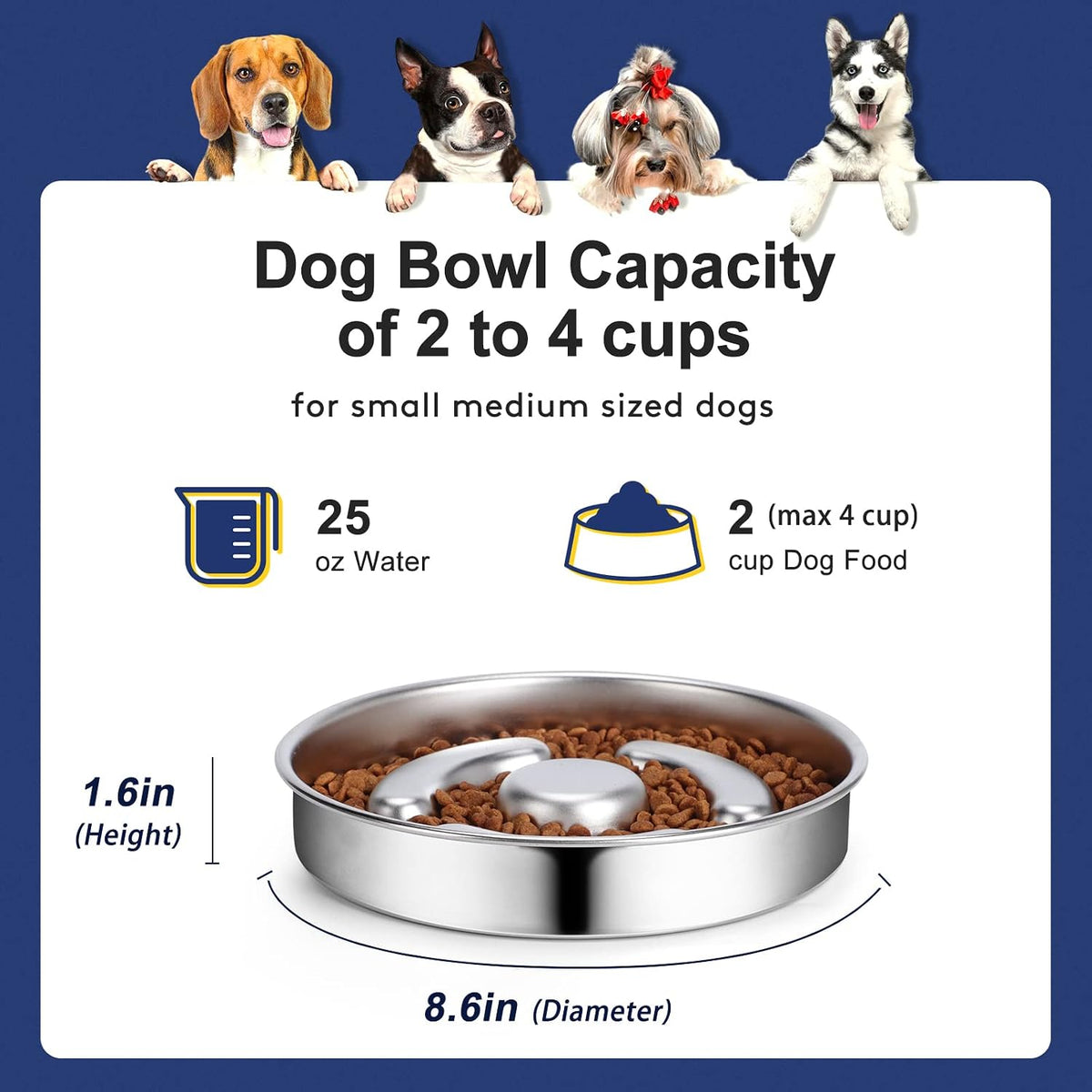 AIPERRO Slow Feeder Dog Bowl Stainless Steel, Metal Non-Slip Dog Food Bowls