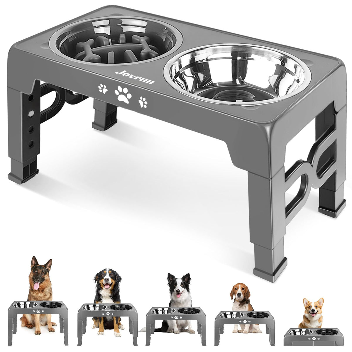 Jovrun Elevated Dog Bowls for Small Dogs and Cats, Non-Slip Cat Bowls with 2 Thick 5.5" Stainless Steel Dishes, Dog Feeder 2 Heights Adjustable to 2.6"-5.3"