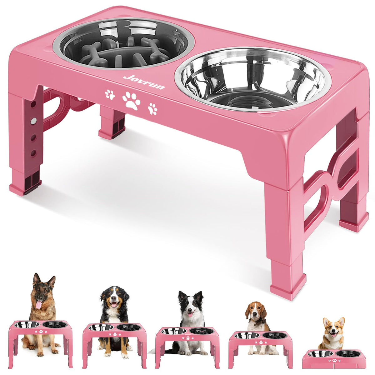 Jovrun Elevated Dog Bowls for Small Dogs and Cats, Non-Slip Cat Bowls with 2 Thick 5.5" Stainless Steel Dishes, Dog Feeder 2 Heights Adjustable to 2.6"-5.3"