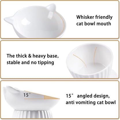 Ceramic Raised Cat Bowl，Tilted Raised Cat Bowl Anti Vomit Cat Bowls for Indoor Cats Whisker Friendly Pet Feeder for Cats Puppies, Microwave and Dishwasher Safe