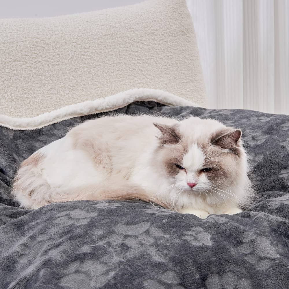 Qeils Dog & Cat Blankets - Waterproof Washable - Sherpa, Plus Plush Reversible, 25"X30", Grey Paw Print