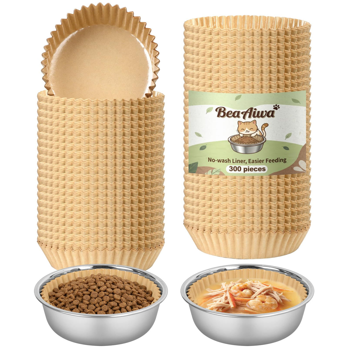 Cat Bowl Set (300 Disposable Pet Bowl Liners with 2 Stainless Steel Bowls)