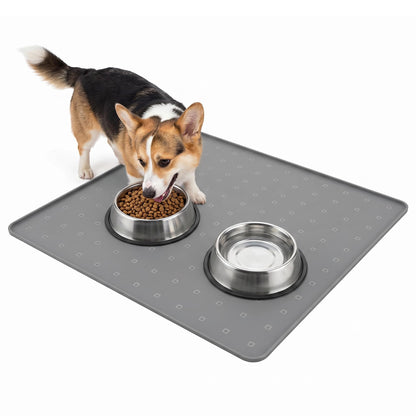 Extra Large 34x22 Inch Machine Washable Silicone Pet Food Mat - Waterproof Dog & Cat Bowl Mat with Raised Edge, Non-Slip Floor Protector for Large Dogs, Multi-Pet Homes (Grey)